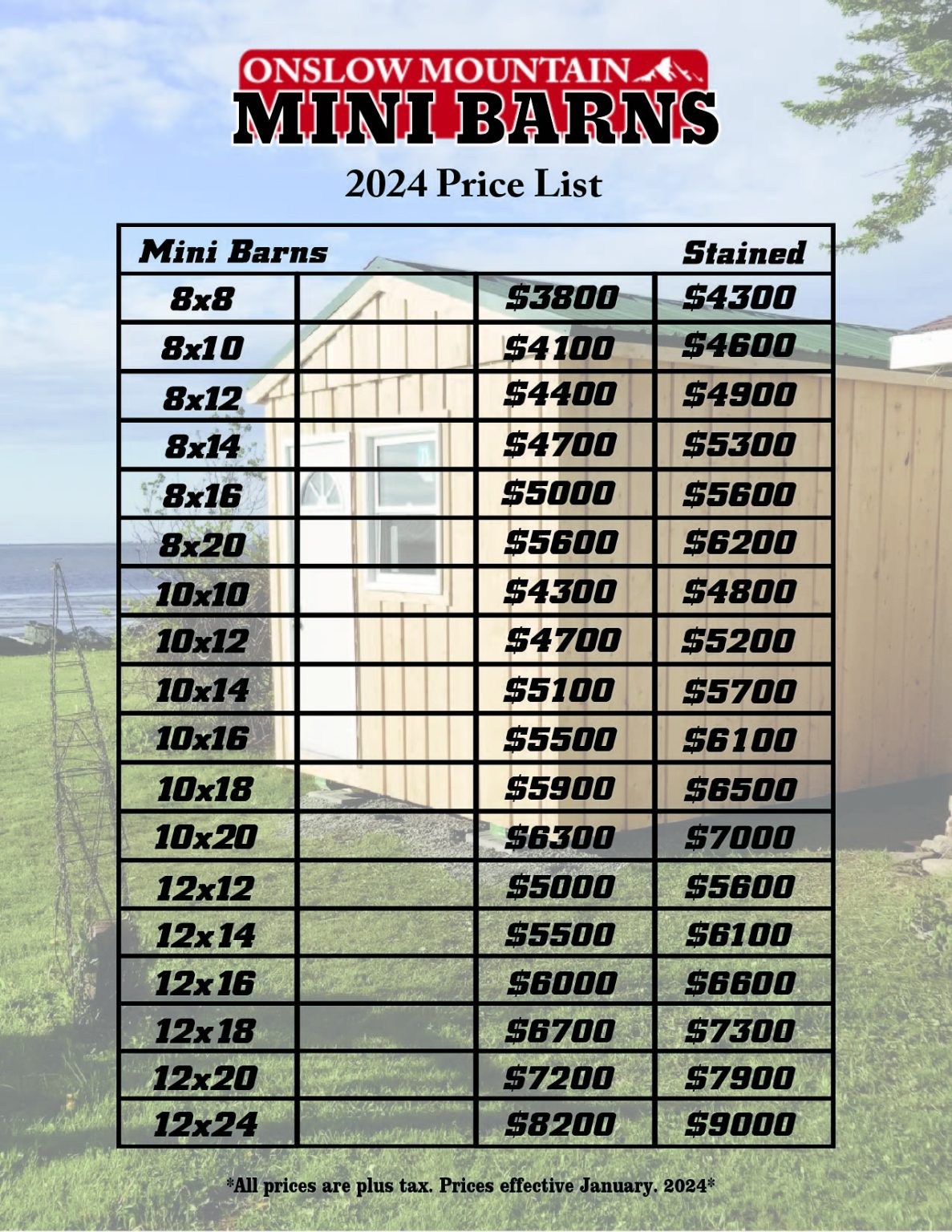 Onslow Mountain Mini Barns Pricelist